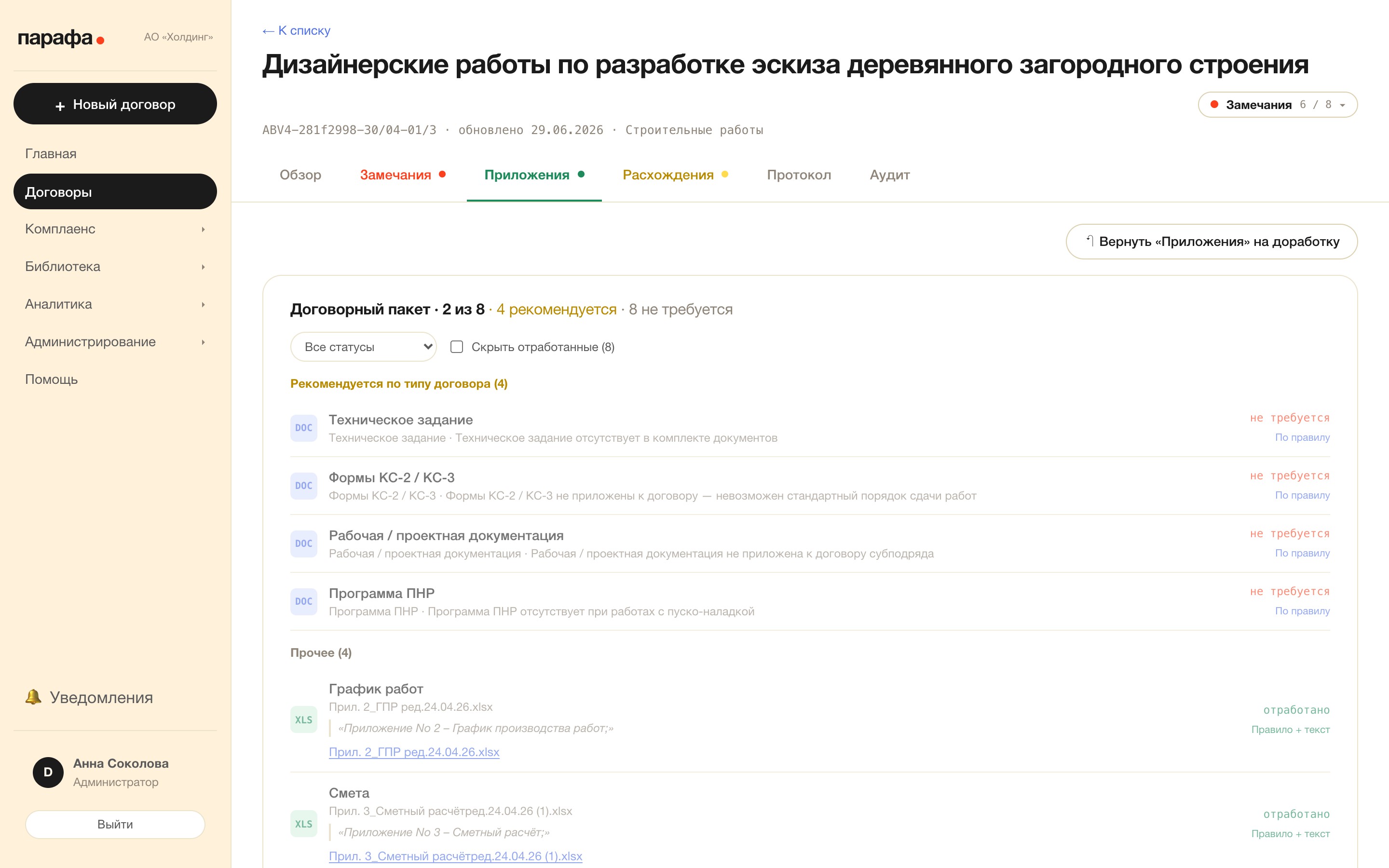 Чек-лист приложений: что загружено, что рекомендуется по типу договора, чего не хватает.
