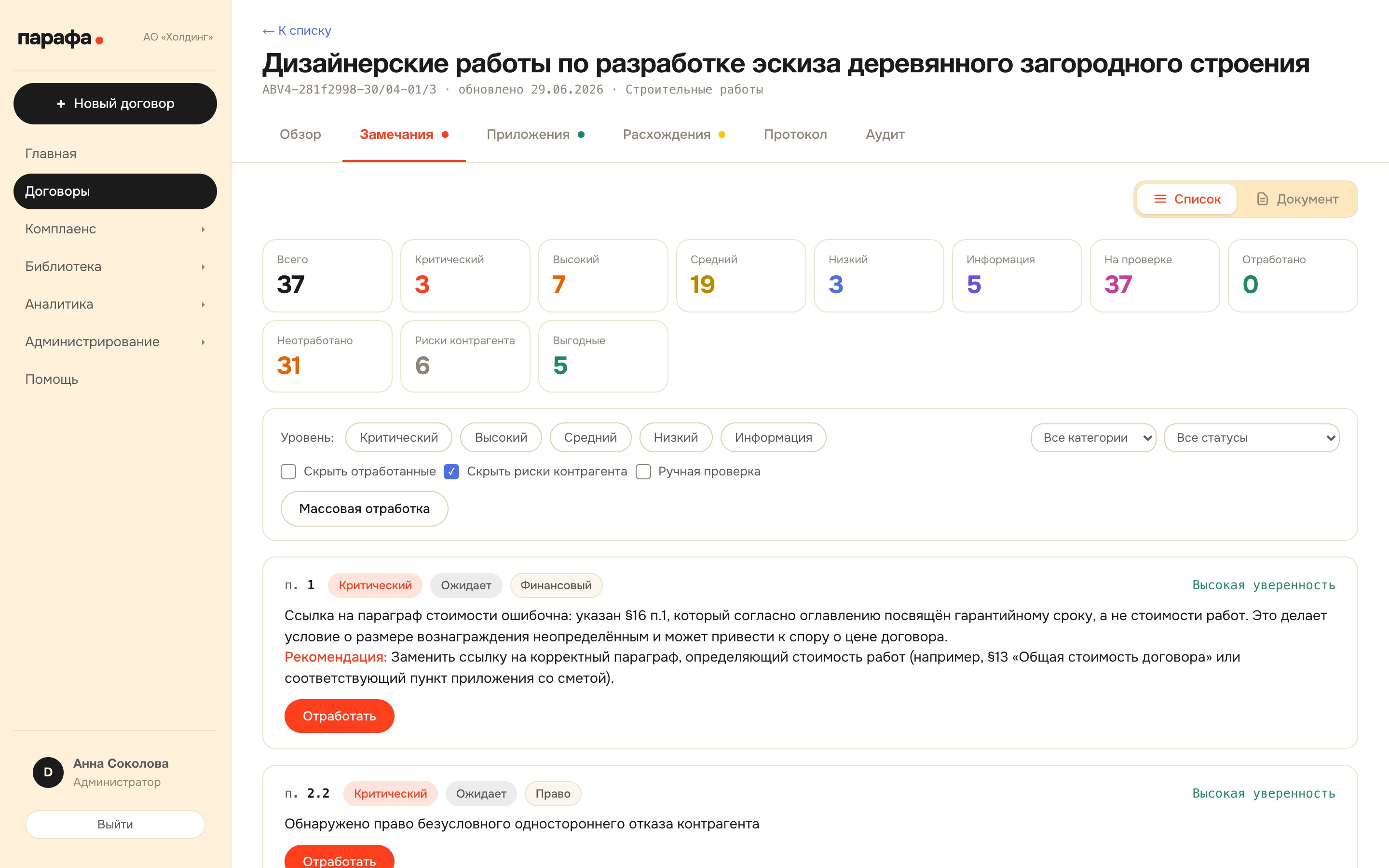 37 замечаний по уровням — критические, финансовые, правовые.